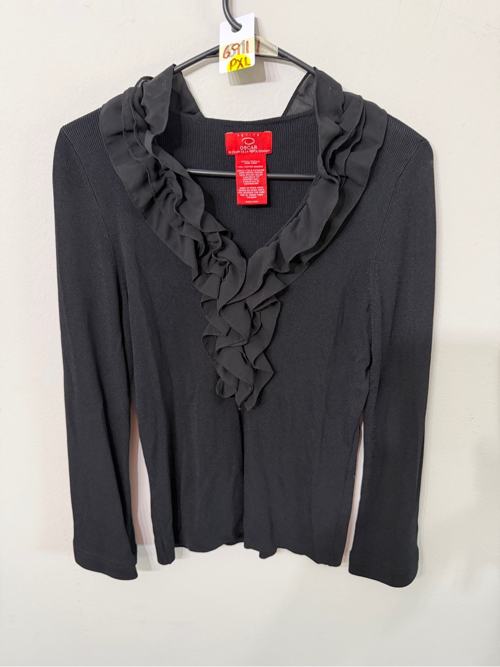 Oscar de la Renta Black Ruffle V-Neck Long Sleeve Top Size PXL